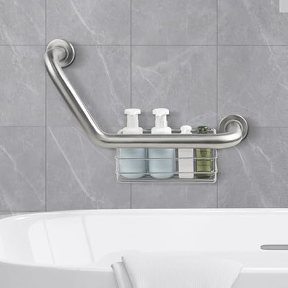 FSA Eligible, Upgrade 16 inch Angled Grab Bar with Storage Basket, Handicap Grab Bar for Elderly, Stainless Steel, Grab Bars for Shower, Bathroom Mobility Aid, Heavy Duty 550lbs Support