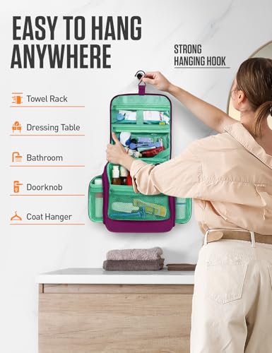 VENTURE 4TH Hanging Travel Toiletry Bag, 18 Compartments - Purple/Mint | Hangs on rails, hooks or doors; stands upright. Removable TSA pouch. Water-resistant Nylon 290D Twill, reinforced stitching. - color: Purple/Mint