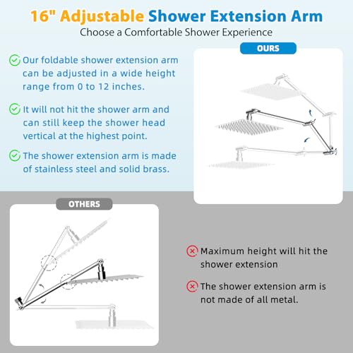 All-Metal 16" Shower Head Extension Arm, G1/2" Universal/Adjustable, Chrome | Flexible Brass Shower Head Extender Adjustable Height/Angle, Stainless Steel Rain Shower Pipe Height Extended with Lock Joint - color: Chrome, size: 16 Inch