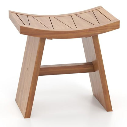 Giantex Teak Wood Shower Bench, Waterproof Shower Stool with Curved Seat for Inside Shower, Spa Bathing Step Foot Rest, Bathroom Stool for Elderly Seniors, Indoor and Outdoor Use, 18" x 13" x 17.5"