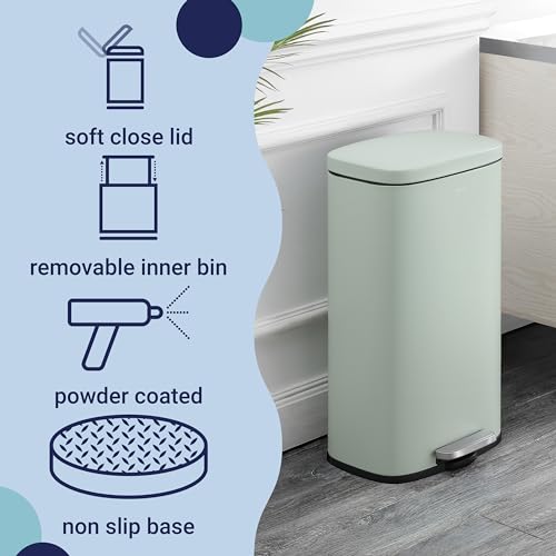 happimess Curtis 8 Gal Step Trash Can Soft Close 25", Pistachio Gelato | Iron Construction, Satin Finish, Removable Liner, Steel Pedal, 20 Trash Bags Included, Kitchen Office Bin - color: Pistachio Gelato