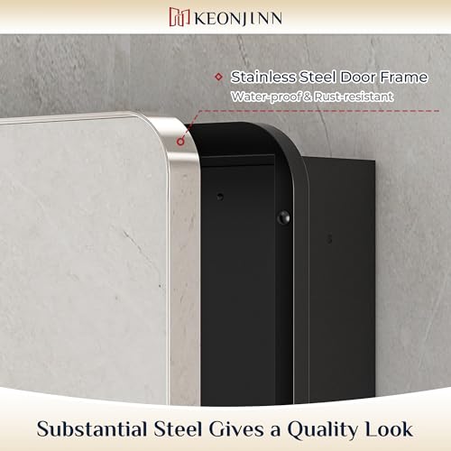Keonjinn 20 x 32 Inch Chrome Medicine Cabinets for Bathroom with Mirror Adjustable Shelves Stainless Steel Framed Rounded Rectangle Single Door Surface Wall Mounted Silver Bathroom Storage Cabinet | Stainless Steel Framed, Adjustable Shelves, Recessed or