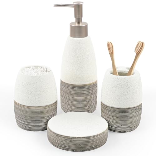 CERBIOR Bathroom Accessories Set,4 PCS Ceramic Bath Accessory,Grey White | Includes Toothbrush Holder, Toothbrush Cup, Soap Dish for Decorative Countertop and Housewarming Gift - style: White-Grey