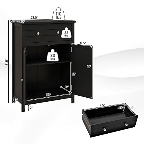 COSTWAY Bathroom Floor Cabinet, Wooden Side Storage Organizer w/Larger Drawer, Adjustable Shelf & 2-Door Cupboard, Freestanding Storage Cabinet for Living Room, Kitchen, Entryway (Black) | Larger Drawer, Adjustable Shelf & 2-Door Cupboard, Freestanding St
