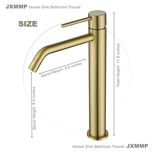 Brushed Gold Vessel Sink Faucet with Pop Up Drain and Supply Lines, Stainless Steel Gold Vanity Faucet Single Hole, JXMMP Single Handle Bathroom Faucet Gold, JXM1001BG - color: Brushed Gold, size: Tall Faucet