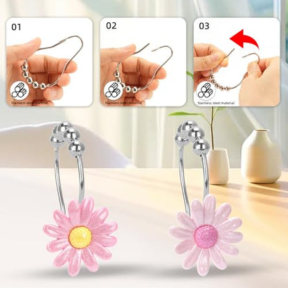 Daisy Flower Decorative Shower Curtain Hooks, Set of 12, Pink and Purple,Roller Ball, Stainless Steel, Flower Decor,Rustproof,Easy Install,Home Living & Bathroom Decor,Shower Rings