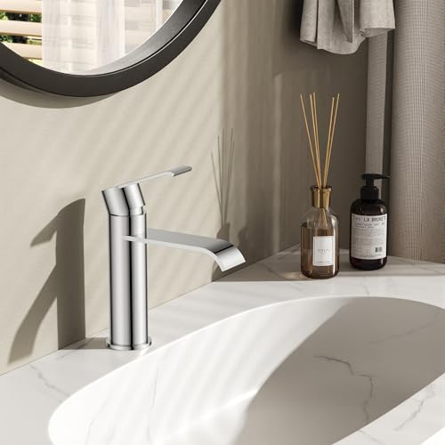 FORIOUS Waterfall Chrome Bathroom Faucet 1 Hole Rv Bathroom Sink Faucet Set | Single Handle Waterfall Bathroom Faucet Single Hole, Polished Chrome Faucet for Bathroom Sink One Hole with Plate and Drain - color: Chrome