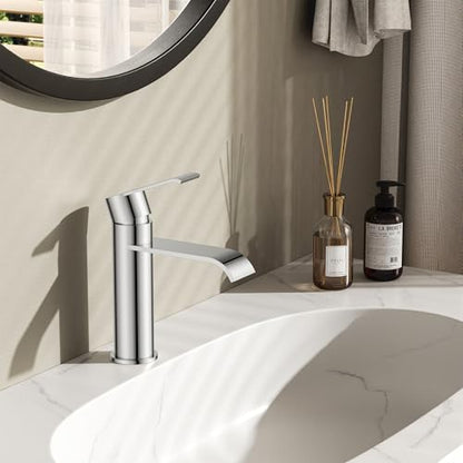 FORIOUS Waterfall Chrome Bathroom Faucet 1 Hole Rv Bathroom Sink Faucet Set | Single Handle Waterfall Bathroom Faucet Single Hole, Polished Chrome Faucet for Bathroom Sink One Hole with Plate and Drain - color: Chrome