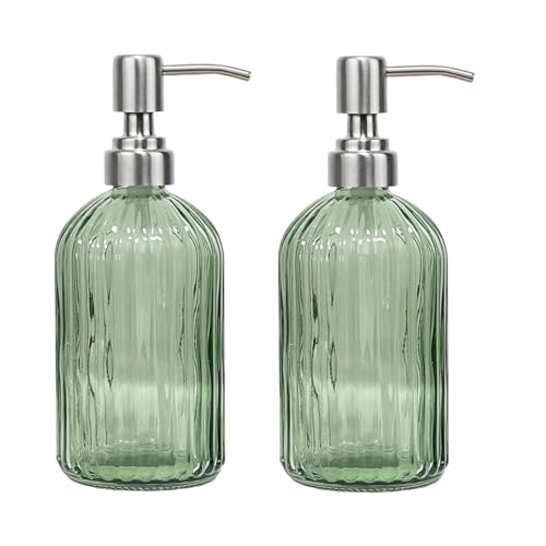 14Oz Green Soap Dispenser Bathroom, 2 Pack, Stainless Steel Pump, Stripe | Clear Glass Hand Soap Dispensers, Refillable Dish Soap Dispenser for Kitchen, Countertop Soap Dispensers - color: Green (2-pack)
