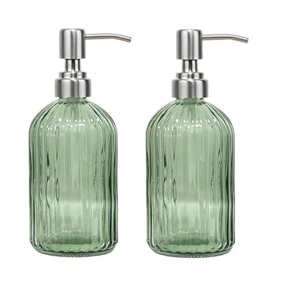 14Oz Green Soap Dispenser Bathroom, 2 Pack, Stainless Steel Pump, Stripe | Clear Glass Hand Soap Dispensers, Refillable Dish Soap Dispenser for Kitchen, Countertop Soap Dispensers - color: Green (2-pack)