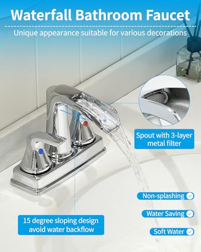 Fapully Bathroom Faucet, 4 Inch Waterfall Bathroom Sink Faucet Chrome | 2-Handle, Lead-Free Brass,Centerset Faucet for Bathroom Sink with Pop-up Drain - color: Chrome