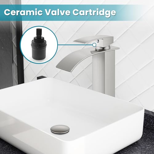 gotonovo Waterfall Tall Bathroom Faucet 1 Hole No Drain, Brushed Nickel | Modern Vessel Sink Faucet Single Handle 304 Stainless Steel,24” cUPC Supply Hoses,for Bowl Basin Lavatory Vanity Restroom RV - color: Nickel