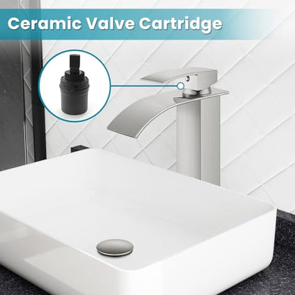 gotonovo Waterfall Tall Bathroom Faucet 1 Hole No Drain, Brushed Nickel | Modern Vessel Sink Faucet Single Handle 304 Stainless Steel,24” cUPC Supply Hoses,for Bowl Basin Lavatory Vanity Restroom RV - color: Nickel