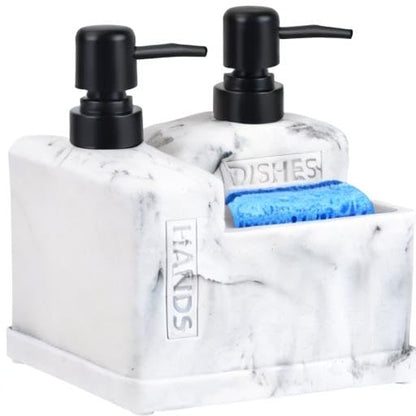 Kitchen Hand Soap and Dish Soap Dispenser Set,Dual Soap Dispenser with Sponge Holder 3-in-1 Organizer for Kitchen Sink,Bathroom,Useful Kitchen Gadgets - White Marble Look - color: 3 in 1 - White Marble Look