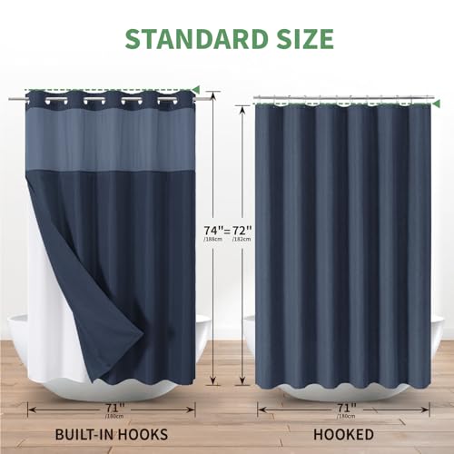 eachope No Hook Shower Curtain with Snap-in Fabric Liner Set,Slub Textured Fabric Shower Curtains for Bathroom,Hotel Style Modern Shower Curtain,Water Repellent & Washable,71x74(72),Navy Blue | Hotel Style Fabric with See-Through Top Window, Water Repelle