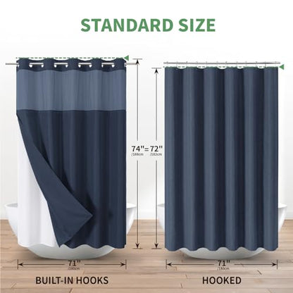 eachope No Hook Shower Curtain with Snap-in Fabric Liner Set,Slub Textured Fabric Shower Curtains for Bathroom,Hotel Style Modern Shower Curtain,Water Repellent & Washable,71x74(72),Navy Blue | Hotel Style Fabric with See-Through Top Window, Water Repelle