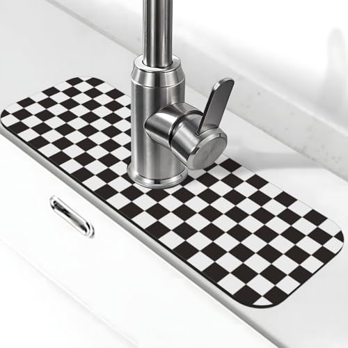 Black And White Checkered Racing Flag Checkerboard Square Grid Kitchen Sink Splash Guard Faucet Mat Super Absorbent Fast Drying Mat Sink Gadgets-Fast Sink Mat For Kitchen Bathroom (15" X 5.5" ) - color: Black And White Checkered