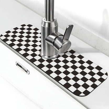 Black And White Checkered Racing Flag Checkerboard Square Grid Kitchen Sink Splash Guard Faucet Mat Super Absorbent Fast Drying Mat Sink Gadgets-Fast Sink Mat For Kitchen Bathroom (15" X 5.5" ) - color: Black And White Checkered