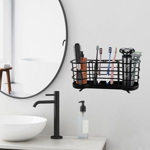 Wall Mount Toothbrush Holder, Black | Stainless Steel, Self-Adhesive, 4 Slots, For Shower, Countertop Compatible - color: Black Round