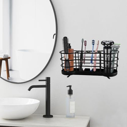 Wall Mount Toothbrush Holder, Black | Stainless Steel, Self-Adhesive, 4 Slots, For Shower, Countertop Compatible - color: Black Round