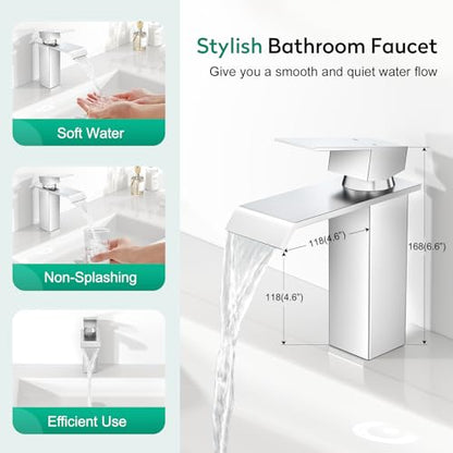 CREA Chrome Waterfall Bathroom Faucet 1 Hole,Chrome Bathroom Faucet Single Handle Bathroom Sink Faucet with Pop Up Drain Stopper/ 3 Hole Plate,Stainless Steel RV Vanity Faucet Basin Mixer Tap - color: Chrome, style: Wide Spout
