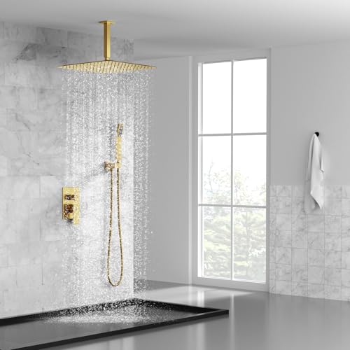 SR SUN RISE 16 Inch Ceiling Mounted Shower System Rain Mixer Shower Combo Set Rainfall Shower Head System Brushed Gold Shower Faucet Rough-in Valve Body and Trim Included - color: Brushed Gold, style: 16 inch