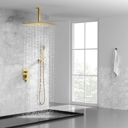 SR SUN RISE 16 Inch Ceiling Mounted Shower System Rain Mixer Shower Combo Set Rainfall Shower Head System Brushed Gold Shower Faucet Rough-in Valve Body and Trim Included - color: Brushed Gold, style: 16 inch