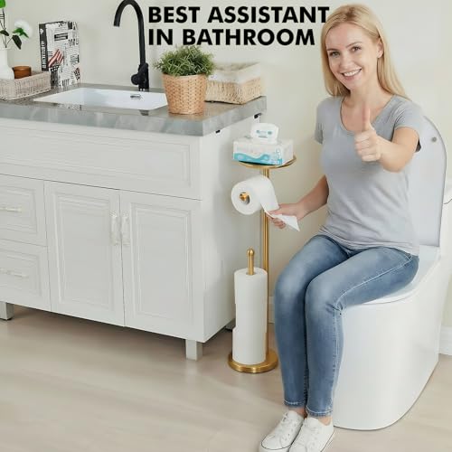 Freestanding Toilet Paper Holder with Shelf, Gold Toilet Paper Stand with Storage Tray and Space for 4 Extra Rolls - color: Gold
