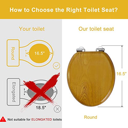 Angel Shield Toilet Seat Round Wood Veneer Quiet Close(Oak) | Quick Release Metal Hinges, Adjustable Fit for Standard Round Toilets, Easy to Install&Clean - color: Oak, size: Round
