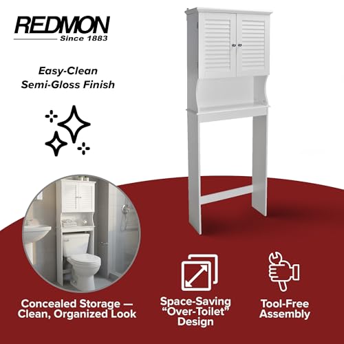 Redmon Louvered Double Doors Over the Toilet Space Saver Storage Cabinet (Full Side Panels), Adjustable Center Shelf, 23.50 Inch Width x 63.00 Inch Height, White Semi Gloss Enamel Finish