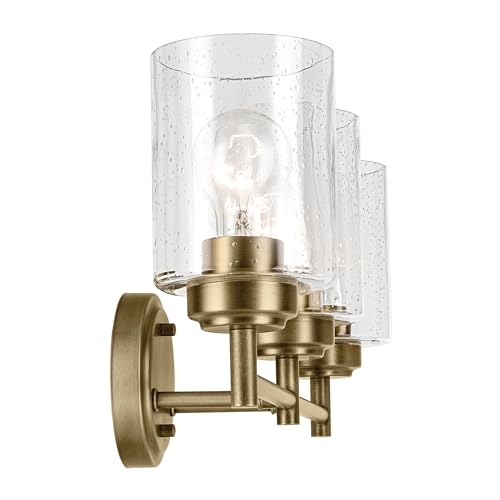 Kichler Winslow 3-Light Farmhouse Vanity Light, Natural Brass | Clear seeded glass vanity light with industrial styling (21.5" x 9.25"), 45886NBR - color: Natural Brass, size: 21.5"