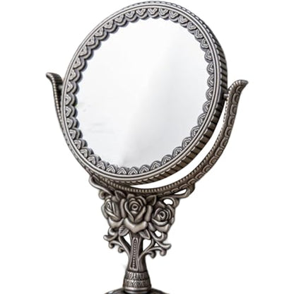 European Style Dressing Table Mirror Antique Rotating Cosmetic Mirror Oval Dressing Mirror Swivel Double Sided for Bedroom, round rose