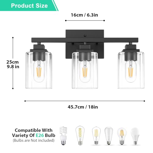 Matte Black Bathroom Vanity Light, 3-Light Modern Vanity Lighting Fixtures Over Mirror with Clear Glass Shade,Square Design,Wall Sconces for Living Room Cabinet Bedroom,E26 Socket - size: 3-Light