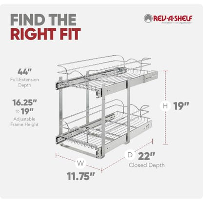 Rev-A-Shelf Pullout Organizer for Cabinets, Min Opening Width of 11.5" | Two-Tier Steel Shelf for Kitchen or Vanity Cabinet Organization, Heavy Gauge Wire Slide Out Storage Basket, 5WB2-1222CR-1 - size: 12" W x 22"D, style: Two Tier