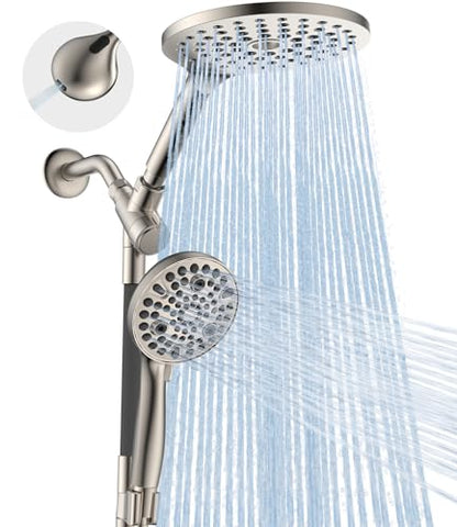 Dual Handheld Shower Head Combo, 2-in-1 Rain Shower Heads System 8 Inch Rainfall Shower Head and 10 Modes High Pressure Hand Held Showerhead with Built-in Power Wash - color: Brushed Nickel, size: 8 Inch Standard