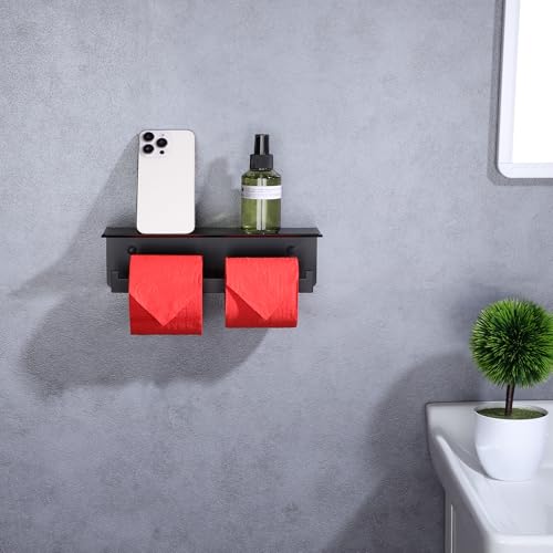 LANC Double Toilet Paper Holder with Shelf, Matte Black Commercial Toilet Tissue Roll Dispenser with Phone Shelf Stainless Steel for Bathroom, Kitchen, Apartments Wall Mounted, A8877MB - color: Matte Black, size: Full