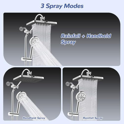 Hibbent Upgraded cUPC Certified 13'' Shower Head Combo, High Pressure 5 Spray Rainfall Showerhead with 10 Spray Modes Handheld, All Metal 3-way Diverter Shower Arm, 71'' Hose and Holder, Chrome - color: Chrome, style: Square 13"