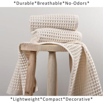 PÜSKÜL Natural 100% Turkish Cotton Waffle Hand and Kitchen Towels Set of 3 | Raw-Undyed, Large 32x16 inc, Honeycomb-Waffle weave towel for bathroom & kitchen. Premium quality oeko-tex made in Turkey. - color: Natural Raw-undyed, size: Kitchen & Hand Towel