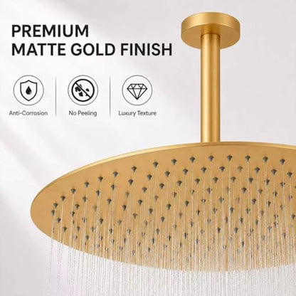 Rainfall Shower head, 12 Inch Round Shower Head, Wall or Ceiling Mounted Ultra Thin Stainless Steel High Pressure Shower Head with Touch-Clean Nozzles, Brushed Brass Gold - color: Brushed Brass Gold, size: 12-Inches, style: Round