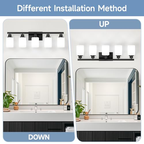 5-Light Bathroom Vanity Light, Modern Matte Black Bathroom Light Fixtures with Square Frosted Glass, Wall Sconces fixtures Over Mirror Restroom,Living Room Hallway E26 - color: Black, size: 5-Light