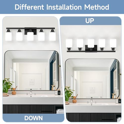 5-Light Bathroom Vanity Light, Modern Matte Black Bathroom Light Fixtures with Square Frosted Glass, Wall Sconces fixtures Over Mirror Restroom,Living Room Hallway E26 - color: Black, size: 5-Light