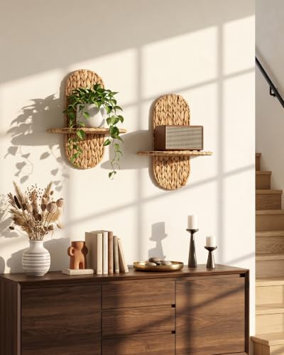 Coeusy Set of 2 Wicker Plant Wall Shelf, Boho Wall Decor, Wall Plant Holder | Water Hyacinth, Hand-Woven Wall Planter, Floating Shelves for Home, Bathroom, Bedroom, Living Room, Office, Corner, Natural