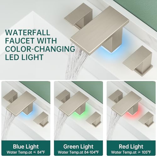 Hoimpro LED Bathroom Faucet 3 Hole Brushed Nickel Waterfall Sink Faucet 8 Inch Widespread Modern Vanity 2 Handle Wide Spread Bath Fixture Light Changing with Pop Up Drain Touch On Three Hole 3 Piece - color: Brushed, style: LED