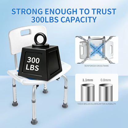 Shower Chair with Back, 300 lbs Capacity Heavy Duty Bath Seat, 6-Level Adjustable Height Shower Seat for Inside Shower, Tool-Free Assembly Aluminum Shower Stool with Back for Elderly Adults