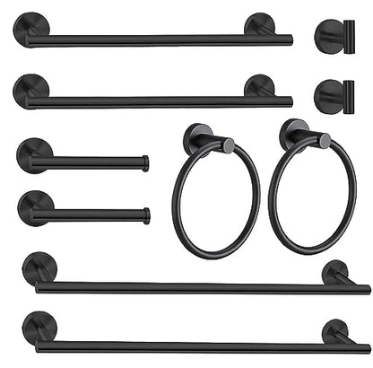 10Pcs Bath Towel Bar Set, Includes 23.6 & 16 Inch Towel Bars, Hooks, Rings & Toilet Paper Holder - Black - color: Matte Black, size: 24-16inch