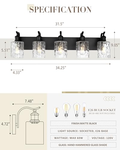 Bathroom Vanity Light Fixtures 5-Light Hammered Glass Modern Wall Mounted Over Mirror Black - VL01BKH-5 - color: Black & Hammered Glass, size: 5 LIGHT