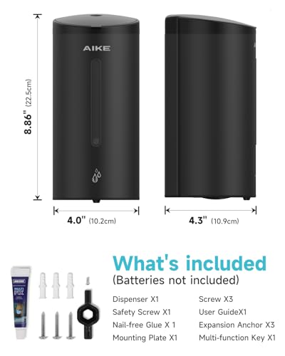 AIKE Classic Automatic Soap Dispenser,25oz for Bathroom,Matteblack AK1205E | 5-Level Adjustable and Savety Key for Commercial(4*AA Batteries Not Included),No-drill and Screw Wall Mount for Space-Saving - color: Matteblack Stainless Steel