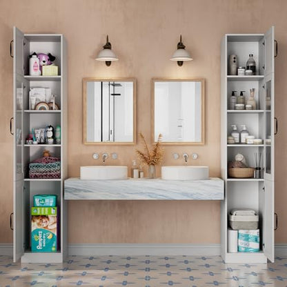 Sweet Memory 86 Inch Tall Bathroom Storage Cabinet, Thin Bathroom Organizer with 5 Tier Shelves and Glass Door, Freestanding Small Space Storage Cabinet for Bedroom, Laundry Room, Kitchen