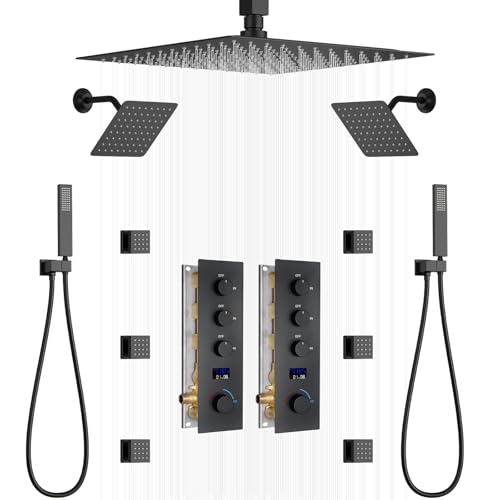 Dual Shower Mixer 6 Way Full Body Shower Head System Rain 12+8+8 Inch With Wall Mount 6 Pcs Jets 2 Handheld Shower Diverter Valve Digital Display Fauct Set,Matte black - color: Matte Black