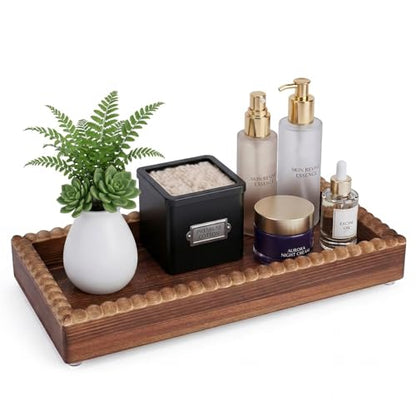 Bathroom Counter Organizer Tray, Wooden Countertop Vanity Trays with Beaded Edge, Farmhouse Decorative Tray Stand for Toilet Tank Candle Sink Kitchen Coffee Bar